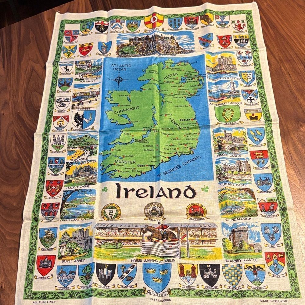 Vintage Irish Linen Tea Towel featuring Ireland Map and Crests Tea Towel